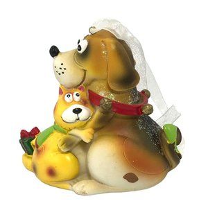 Beagle Dog and Cat Resin Christmas Ornament Hugging Presents Glitter 3 in